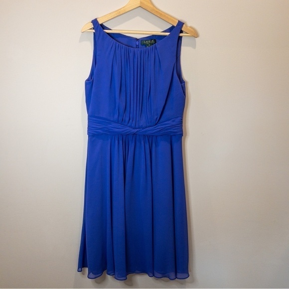 Lauren Ralph Lauren Womens Size 10 Sleeveless Chiffon Dress Pleated Blue Wedding - Picture 2 of 11